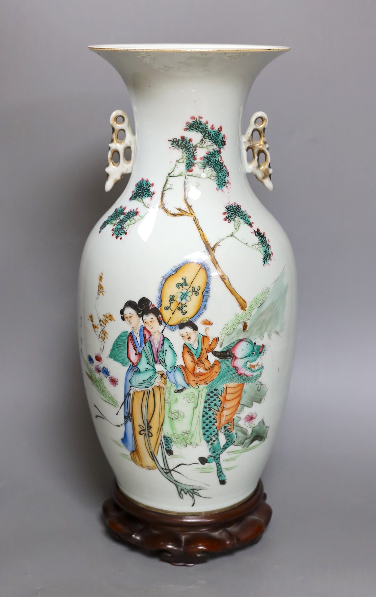 A Chinese Republic period famille rose vase and hardwood stand, 47cm total height